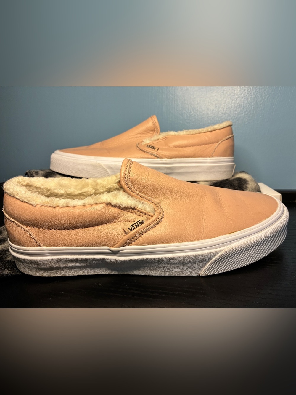 Vans Women's Fur-Lined Slip-On in Peach Pink Leather
